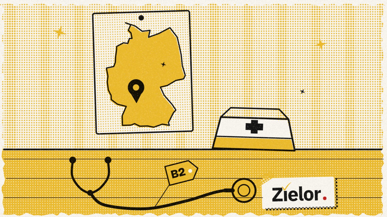 Illustration: a map of Germany with a pin, a nurse's cap and a stethoscope with a B2 tag on a desk