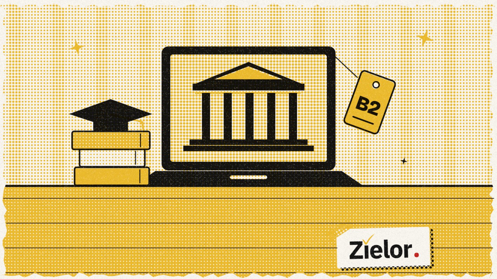 Illustration: a laptop showing a university building, a hanging B2 tag and a stack of books with a graduation cap