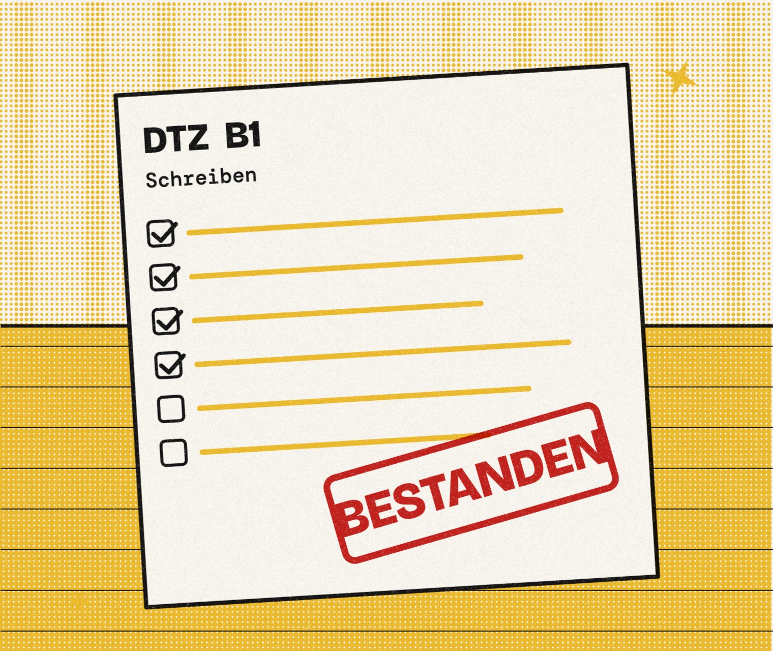 Illustration: an exam sheet with ticked boxes, stamped Bestanden